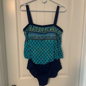 Maxine one piece blouson swimsuit size 16, turquoise and navy, removable straps